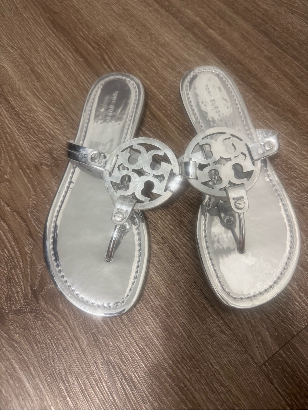 Tory Burch Silver Logo Thong Sandals